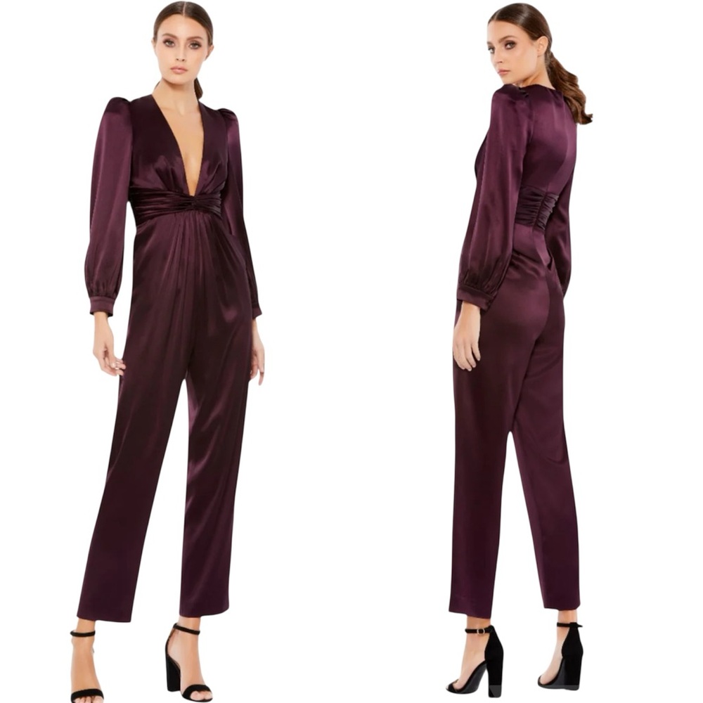 Ieena for Mac Duggal Purple Front Twist Puff Sleeve Deep V Jumpsuit Size 2